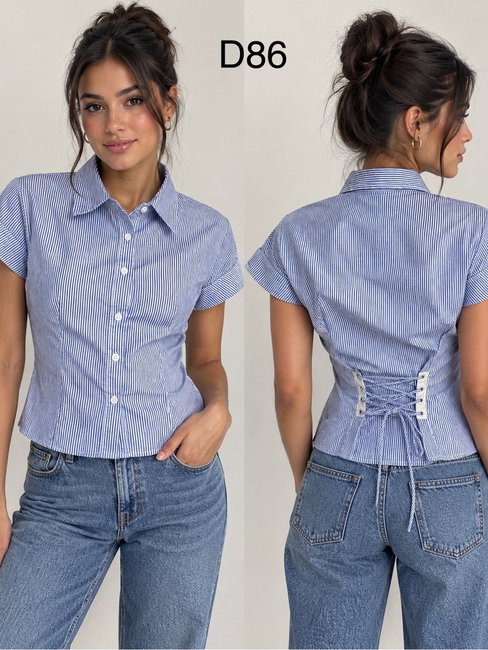 Fashion Nova Blue and White Stripe Button-Down Shirt with Lace-Up Back,Size